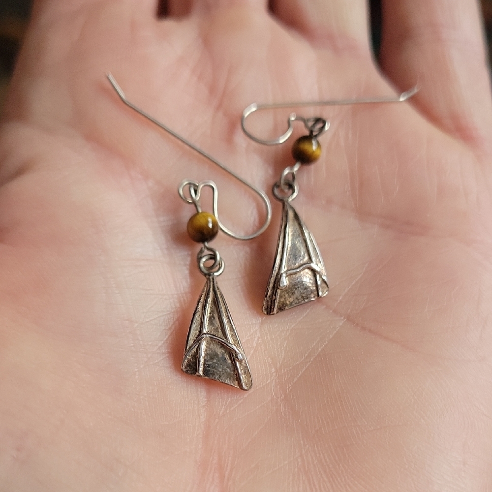 Sterling Silver and Brown Cats Eye Dangle Earrings